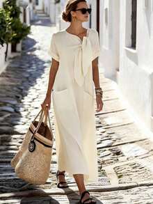 Holidaya Vestido de mujer de manga corta de longitud media con cuello de corbata, bolsillo suelto y textura de tela de color albaricoque para uso diario, viajes y vacaciones. Vestido largo de mujer estilo resort, vestido casual de verano Zanzea para mujer. Vestidos casuales largos para mujer en color azul claro, azul bebé y turquesa. - Albaricoque - Ver 7