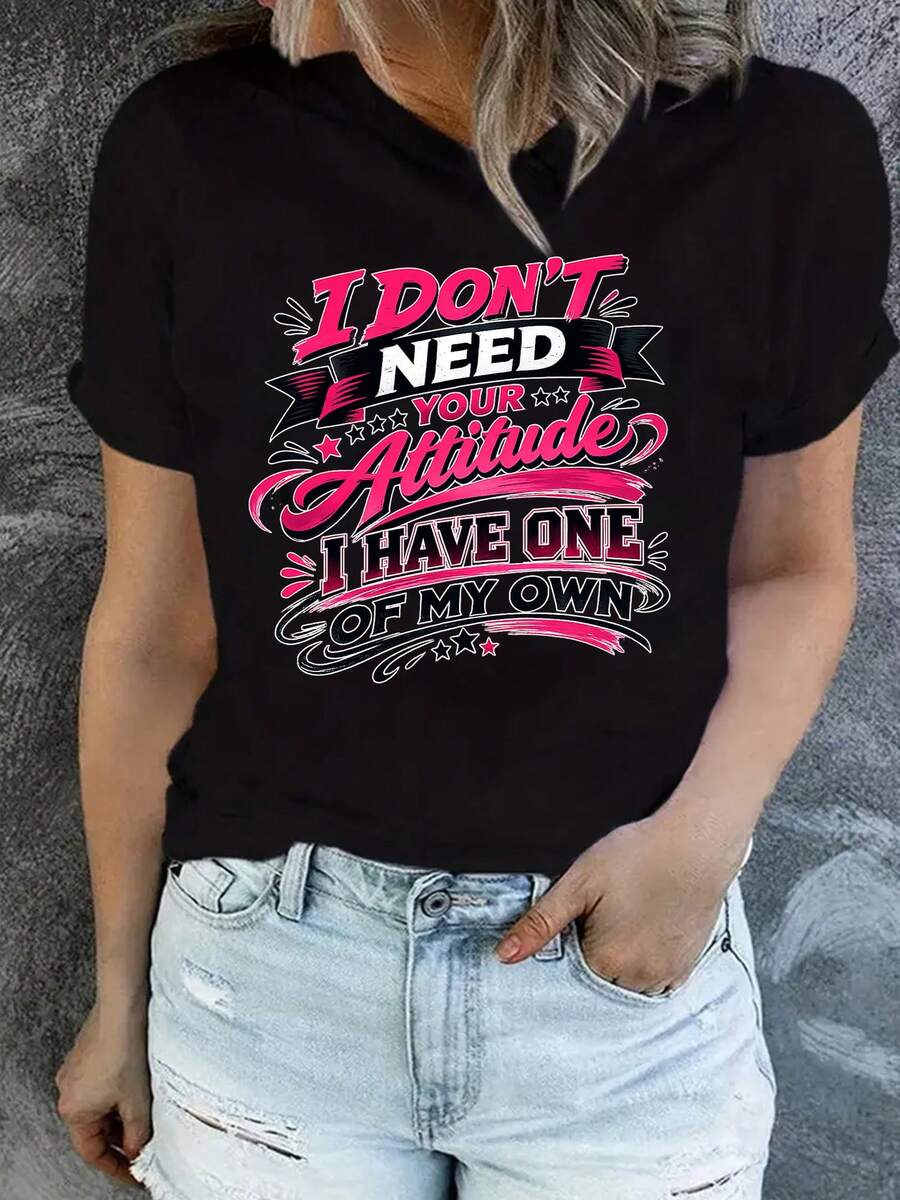 Wo'S Funny Saying T-Shirt | Bold Pink Text: "I Don't Need Your Attitude, I've Got My Own" - Black Star T-Shirt | Soft Everyday T-Shirt For Women | Machine Washable Casual Top | Cool Birthday Gifts For The Workplace. Cool Summer Clothes For Women. - 黑色 - 查看 1
