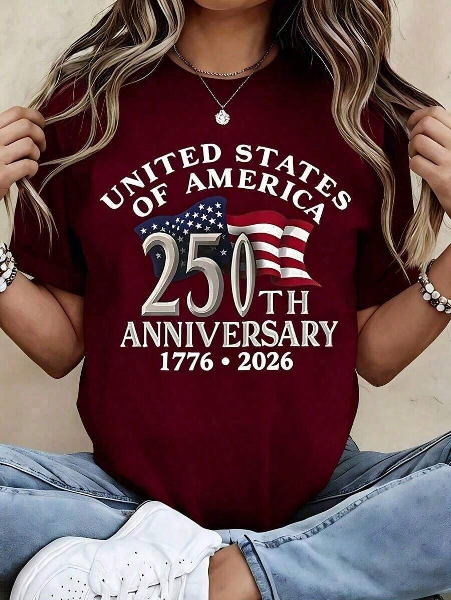 Women's Patriotic T-Shirt With 250th Anniversary Of American Independence Design - Independence Day 1776-2026 Design, Featuring The American Flag And The Words "250th Anniversary", Casual Short Sleeve Crew Neck T-Shirt, Comfortable And Machine Washable. Summer Outfits, 100% Cotton For Women, Vacation Clothes For Women | Exquisite Design | Loose And Comfortable | Easy To Match | Unisex - 紅色 - 查看 1