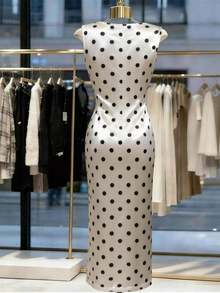 Vestido plisado de satén con estampado de lunares romántico y elegante para mujer, adecuado para salidas y citas de primavera/verano - Beis - Ver 2