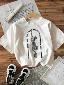 % Cotton [Nature Orientation] T-Shirt With 'Be Beautiful' Letter Print And Island Summer Fantasy Mermaid Tattoo Design, Casual Loose Round Neck Top For Women, Suitable For All Seasons, Can Be Worn As A Base Layer In Spring And Autumn Or By Itself In Summer, Unisex Style,  Thick Cotton Cityboy Style Top. - 杏色 - 查看 7