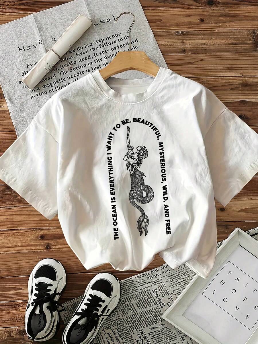 % Cotton [Nature Orientation] T-Shirt With 'Be Beautiful' Letter Print And Island Summer Fantasy Mermaid Tattoo Design, Casual Loose Round Neck Top For Women, Suitable For All Seasons, Can Be Worn As A Base Layer In Spring And Autumn Or By Itself In Summer, Unisex Style,  Thick Cotton Cityboy Style Top. - 白色 - 查看 1