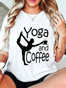 Women's Casual Yoga And Coffee T-Shirt, Modern Design With Inspirational Graphic, Comfortable T-Shirt For Practicing Yoga Or Having Coffee With Friends, Various Sizes In Black, Fashionable Fitness Clothing, In Sportswear. - 白色 - 查看 5