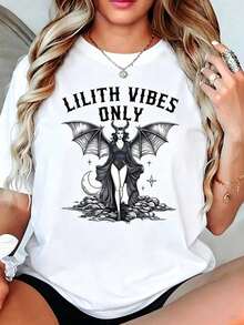 Black Fitted Gothic Occult T-Shirt With Lilith Graphic (Female Demon And Wings), Dark Aesthetic Crescent Moon Tee, Streetwear Style Blouse - 白色 - 查看 7
