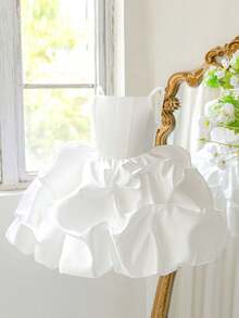 Young Girls Spaghetti Strap Ruched Satin Elegant Flower Girl Princess Dress, White Puff Party Gown, Headband Not Included - White - View 7