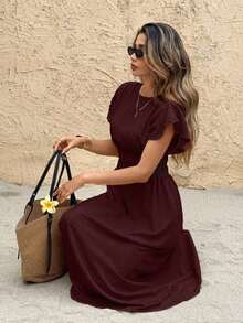 Vestido de manga corta con cuello redondo a rayas, cintura ceñida y largo medio para mujer - Burdeos - Ver 2