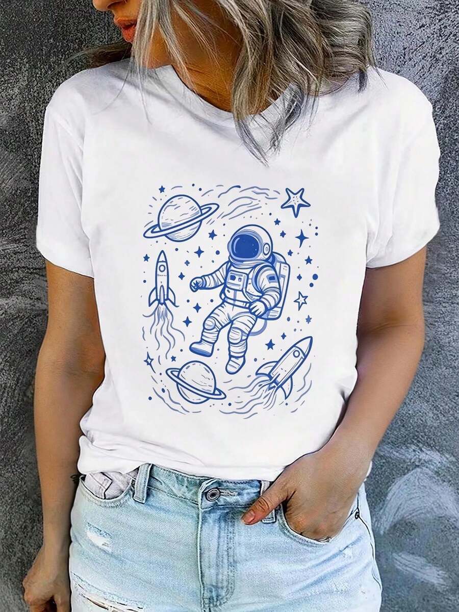 1 Piece Of Women's Summer T-Shirt, Short Sleeve And Printed, Modern And Casual, Machine Washable, Comfortable Fit, 2D Flat Print, 180g, 100% Cotton. - 白色_05 - 查看 1