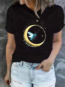 1 Women's Summer Short Sleeve T-Shirt With Print, Modern And Casual, Machine Washable, Comfortable Fit, 2D Flat Print, 180g 100% Cotton. - 黑色_03 - 查看 8