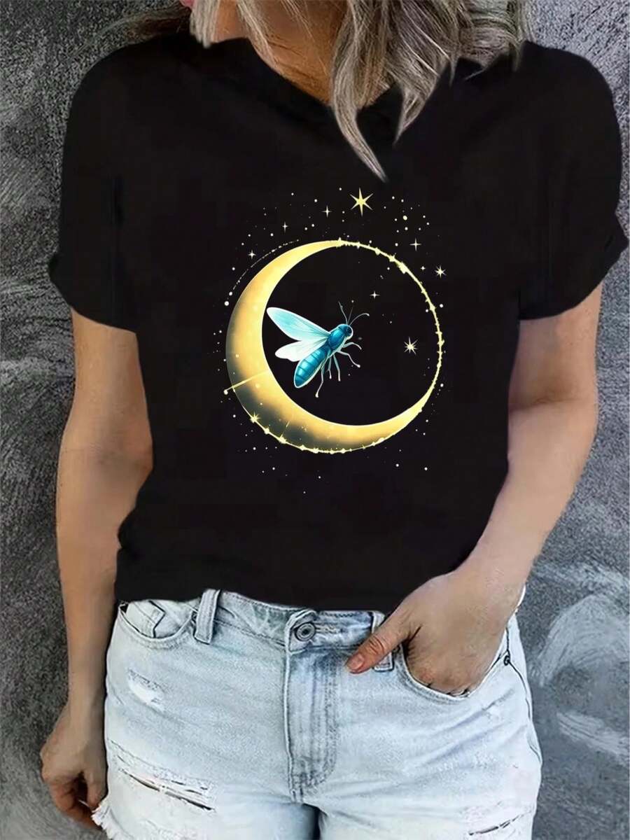 1 Women's Summer Short Sleeve T-Shirt With Print, Modern And Casual, Machine Washable, Comfortable Fit, 2D Flat Print, 180g 100% Cotton. - 黑色_07 - 查看 1
