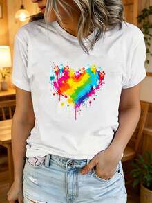 1 Piece Of Women's Summer T-Shirt, Short Sleeve And Printed, Modern And Casual, Machine Washable, Comfortable Fit, 2D Flat Print, 180g, 100% Cotton. - 白色_04 - 查看 12