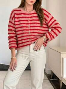 Women's Retro Striped Cardigan, Casual Daily Wear, Suitable For Spring/Autumn/Winter, Girlfriend's Valentine's Day Red - Red - View 3