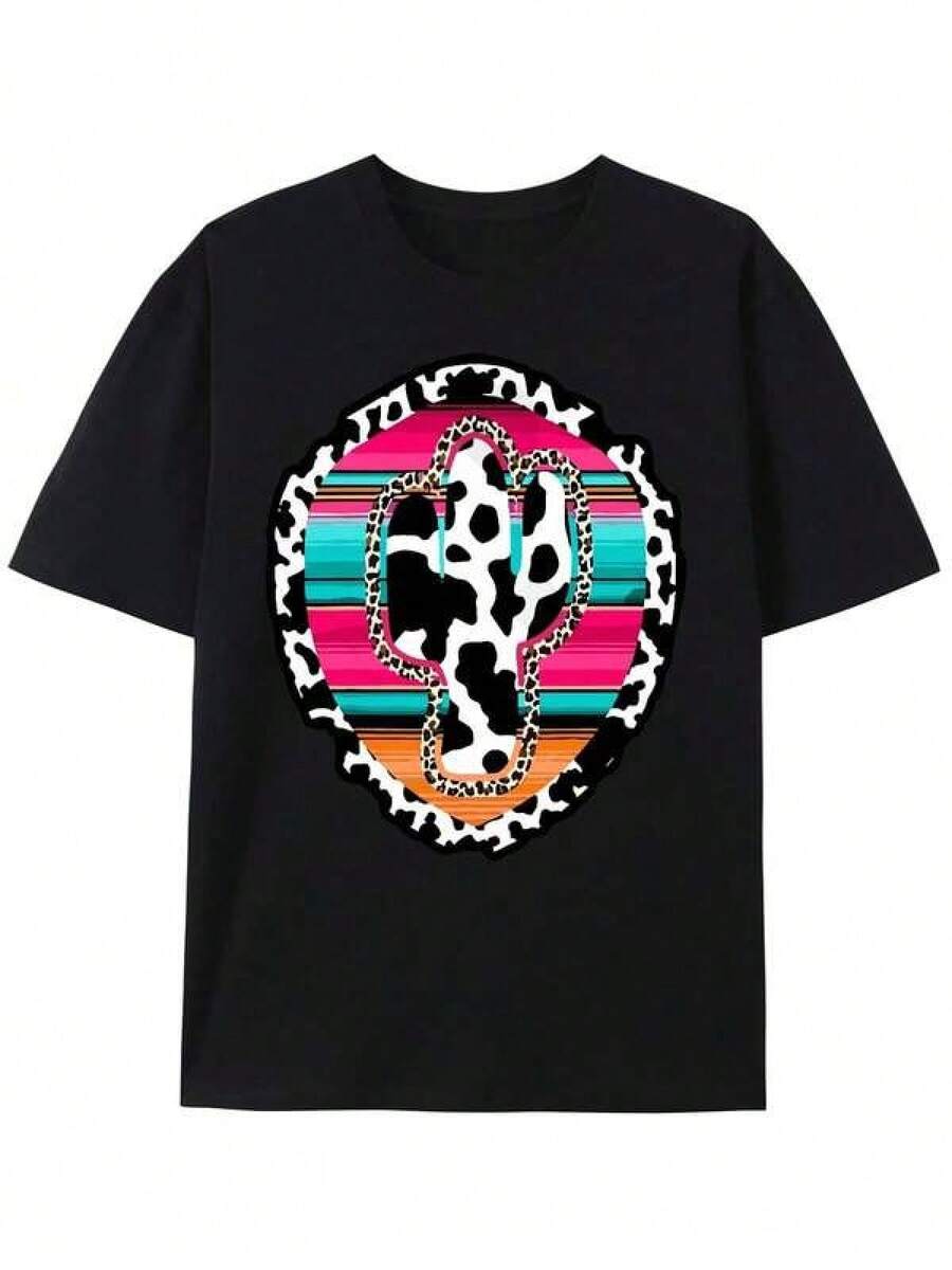 Men's Cotton T-Shirt With Western Cowboy Print, Casual Short-Sleeved Crew Neck T-Shirt, Men's Outdoor Clothing - 黑色 - 查看 1