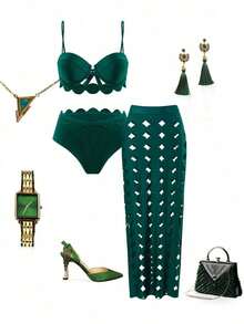 Swim Oasis Set de 3 piezas de traje de baño de vacaciones de moda para mujer, que incluye: top de bikini de unicolor con tirantes, soporte y recogido, Bottom de talle alto, y vestido largo de playa calado con bordado - Verde Oscuro - Ver 3