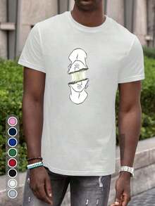 Men's 180gsm Thick Cotton T-Shirt - Red With White Abstract Surreal Face Pattern - Regular Fit, Crew Neck, For Everyday And Formal Wear - Casual All-Season Garment, Versatile, Geometric Pattern, Durable Construction, Short Sleeve T-Shirt, For Fashion Enthusiasts - 白色 - 查看 12