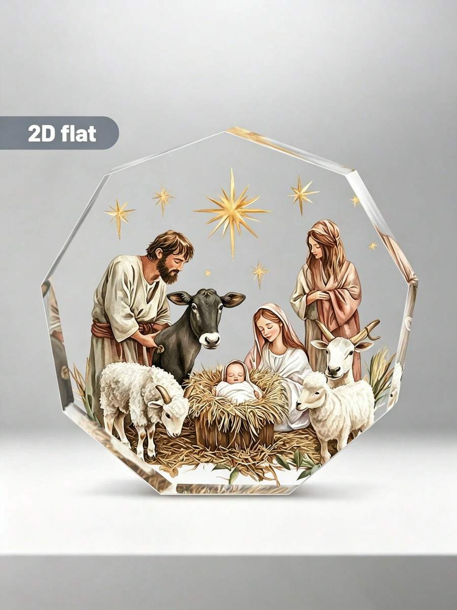 Đồ trang trí cảnh Chúa Giê-su giáng sinh bằng acrylic phẳng 2D - "Cảnh Chúa giáng sinh với sự hiện diện của Đức Mẹ Maria, Thánh Giuse, các mục đồng và các thiên thần, trang trí bàn thờ nhà thờ kiểu cổ điển để bàn, không cần nguồn điện" Lý tưởng cho Lễ Tạ ơn và các dịp lễ khác.