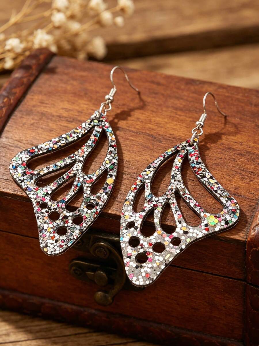 1 Pair Glitter Hollow Wing Earrings, Retro Hong Kong Style Colorful Glitter Hollow Drop Earrings - Multicolor - View 1