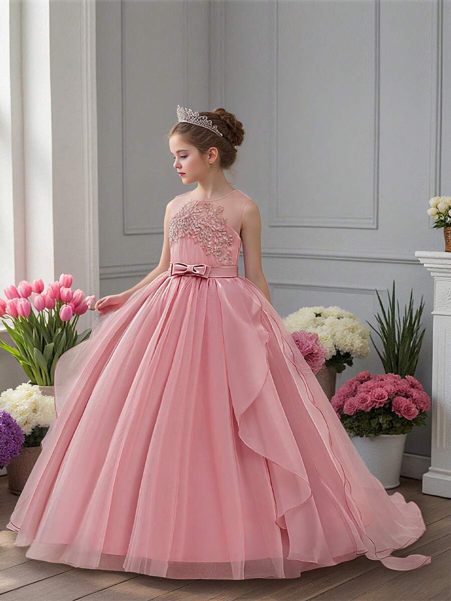 Tween Girls Round Neck Sequin Bow Organza Flower Girl Wedding Long Train Dress, Suitable For Evening Party, Headband Not Included - Dusty Pink - View 1
