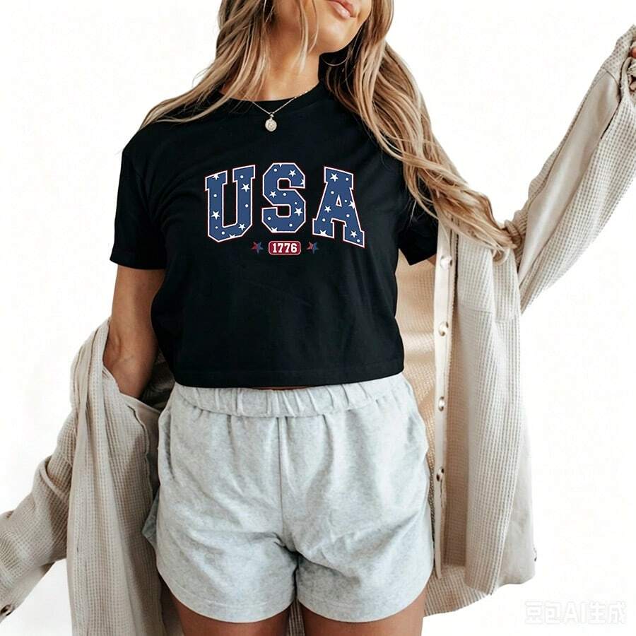 1pc Women's USA 1776 Graphic Crop Top Crew Neck Drop Shoulder Loose Fit Short Sleeve Breathable Summer Casual Tee Daily Outfit - 黑色 - 查看 1