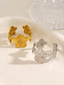 1pc 18K Gold Plated Stainless Steel Minimalist Floral Ring, Fashionable For Daily Wear And Parties - Multicolor - View 3