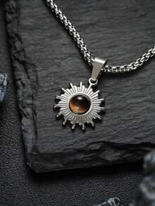 1pc Unique Tiger Eye Stone & Sunflower Stainless Steel Pendant Necklace, Suitable For Men's Daily, Festival, Party Wear - Silver - View 3