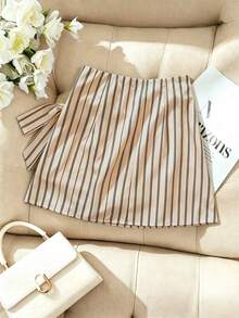 Falda mini acampanada de talle alto con lunares marrones y lazo/Cintura ceñida estilizante/Falda casual/de trabajo - Albaricoque 2 - Ver 2