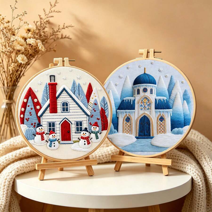 Ice Castle / Christmas Snowman House Embroidery Kit, Beginner Friendly, Desktop Decor / Wall Decoration Handmade Embroidery Set