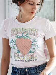 Women's T-Shirt With Tropical Fruit And Strawberry Print, Featuring A Strawberry Design And Strawberry Lifestyle: Casual Short-Sleeved Summer T-Shirt With A Round Neck, Soft And Breathable, White Strawberry Design, Loose And Comfortable For Everyday Wear, Machine Washable, Suitable For The Beach And Strawberry-Themed Clothing - Offers Fun Clothing For Strawberry Lovers - 白色 11 - 查看 1