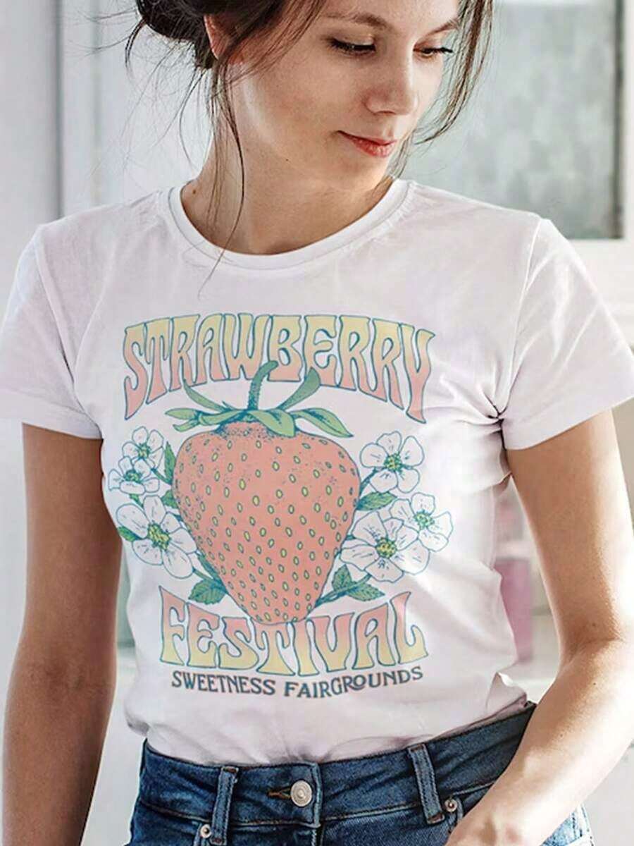 Women's T-Shirt With Tropical Fruit And Strawberry Print, Featuring A Strawberry Design And Strawberry Lifestyle: Casual Short-Sleeved Summer T-Shirt With A Round Neck, Soft And Breathable, White Strawberry Design, Loose And Comfortable For Everyday Wear, Machine Washable, Suitable For The Beach And Strawberry-Themed Clothing - Offers Fun Clothing For Strawberry Lovers - 白色 11 - 查看 1