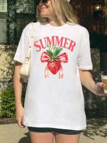 Women's T-Shirt With Tropical Fruit And Strawberry Print, Featuring A Strawberry Design And Strawberry Lifestyle: Casual Short-Sleeved Summer T-Shirt With A Round Neck, Soft And Breathable, White Strawberry Design, Loose And Comfortable For Everyday Wear, Machine Washable, Suitable For The Beach And Strawberry-Themed Clothing - Offers Fun Clothing For Strawberry Lovers - 白色 13 - 查看 1