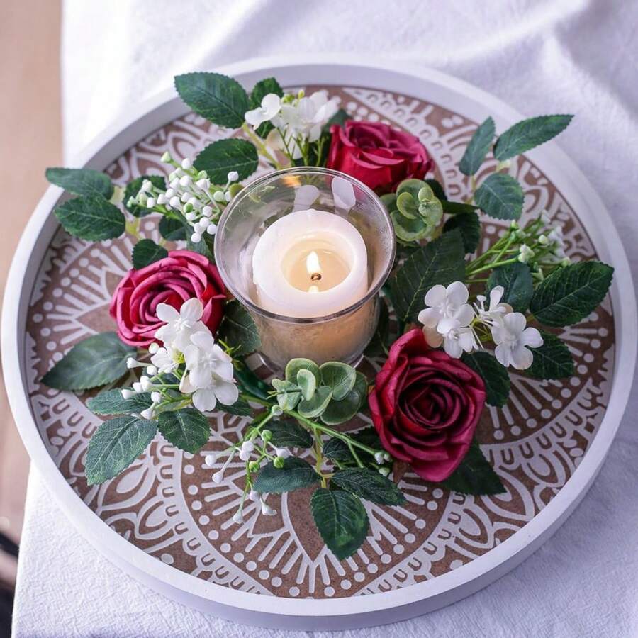 Flower Wreath Candle Rings Decorative Rose Wreath Pillar Candle Garland For Home Dining Table - Burgundy - View 1