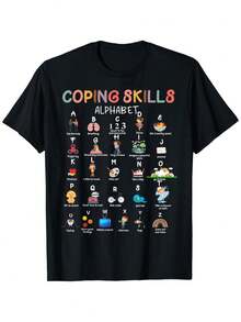 [100% Cotton] Colorful Coping Skills Alphabet Therapy Mental Health Awareness T-Shirt - Black - View 1