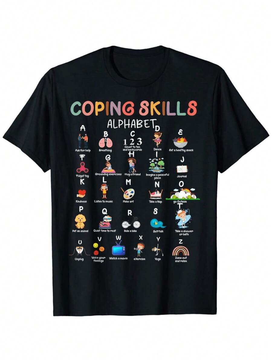 [100% Cotton] Colorful Coping Skills Alphabet Therapy Mental Health Awareness T-Shirt - Black - View 1