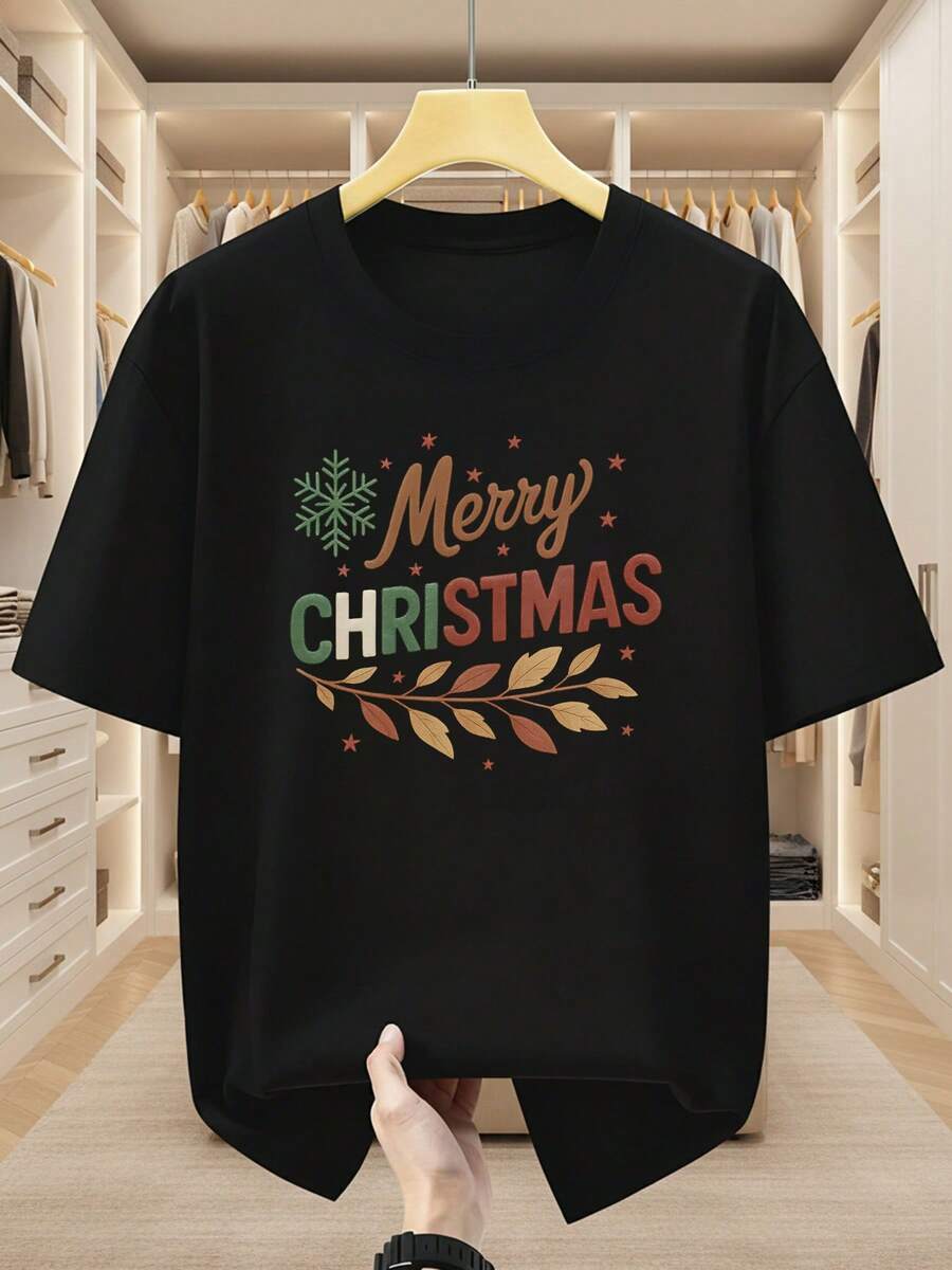 Men's Short-Sleeved T-Shirt, Size [Size Missing], % Cotton, Christmas-Themed Short-Sleeved T-Shirt, Snowflake And Branch Print, Comfortable And Casual Short-Sleeved T-Shirt For Summer - 黑色 - 查看 1
