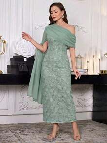 Vestido de manga larga elegante en azul marino - Verde - Ver 4