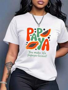 Women's Loose-Fitting White Camisole, 100% Cotton, With A Fun "Papaya" Print And Spanish Text - Lightweight Short-Sleeved, Crew-Neck Top, Ideal For The Beach And Tropical Style, Machine Washable, Geometric Pattern Design, Suitable For All Seasons, Comfortable And Loose Fit. Suitable As A Gift. Women's T-Shirt. Blouses > Elegant. Boho Chic. Soft, Breathable, And Comfortable Women's Top, Ideal For Spring, Summer, And Autumn, Perfect For Vacations, Travel, And Everyday Wear. - 白色的 - 查看 1