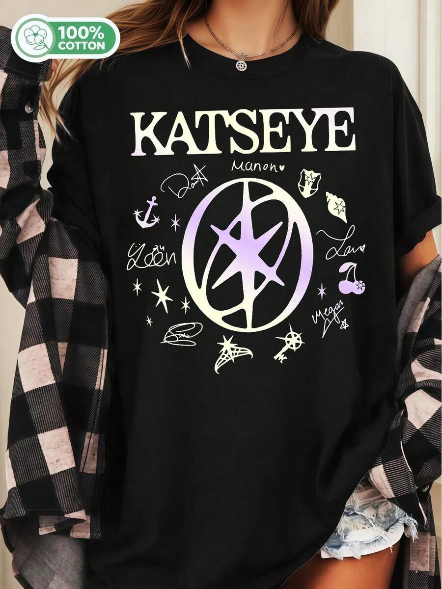 KATSEYES Group Logo Gradient Signature Cotton T-Shirt K-Pop Fan Unisex Tee - Black - View 1