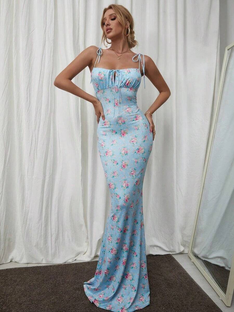 xhePARTHEA Vestido formal largo con estampado, escote abierto en los hombros, bajo con cola de pez, elegante para vacaciones y fiestas de veranoxhe - Azul - Ver 1