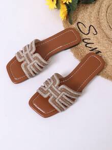 Women's Shiny Open Toe Flat Sandals, Fashion Casual Luxury Rhinestone Decor Slip-On Slides, Suitable For Spring/Summer, Comfortable Flat Style - Brown - View 9