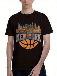 [New York Basketball Jersey] Men's Cotton Graphic Basketball T-Shirt | Casual Loose Fit, Short Sleeve, Crew Neck, Machine Washable, All Seasons | Streetwear Shirt, Leisurewear, New York Skyline Design - 黑色 - 查看 11