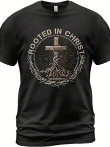 Men's Christian T-Shirt "Rooted In Christ" - Black Religious T-Shirt With Bible Verse, Cross And Roots Design - Church, Easter, Everyday Faith Clothing - Machine Washable Gospel Clothing Gift For Men, Vibrant Print T-Shirt, Comfortable Fit T-Shirt - 黑色 - 查看 11