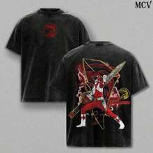 Washed Heavy Cotton Anime T-Shirt, Gift For Anime Fan, Anime Lover, Vintage Double Print Anime Power Rangers Mighty Morphin Red Ranger T-Shirt, Unisex And Oversized. - 黑色 - 查看 6