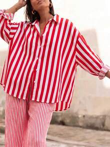Striped Shirt, Long Sleeve, Suitable For Women In Spring, Summer And Autumn, Fashionable Loose Fit, With Striped Pattern And Buttons, Ideal For Outings And Vacations - Red - View 4