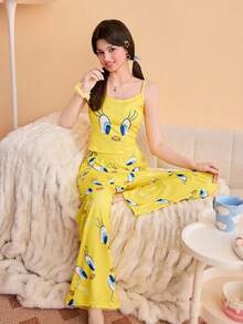 Noctvar OBM Sleepwear X LOONEY TUNES 女士兩件式睡衣：黃色碎花吊帶背心 + 印花家居褲，柔軟舒適家居服 - 黃色 - 查看 3