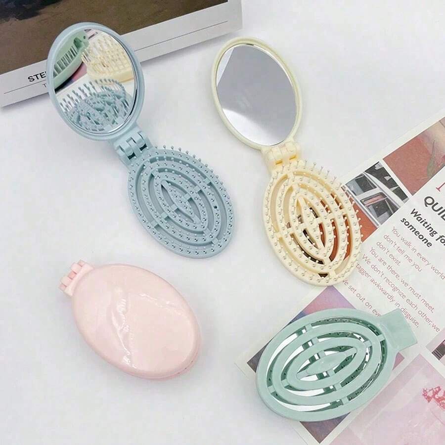 1pc Foldable Comb - Cream Color, Portable With Built-In Mirror Foldable Comb - Cream Color, Portable With Built-In Mirror Hair Styling Tool Kit
