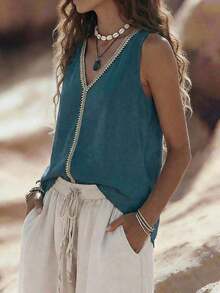 Zayélia Top de mujer de cuello en V, casual, cómodo, de vacaciones, de campo, relajado, de textura suave - Verde Oscuro - Ver 3