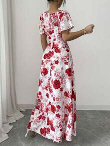 Elenzya Vestido de línea A con volantes en las mangas, fruncido en el frente y estampado floral de rosas, elegante y casual, ideal para vacaciones, viajes, citas, moda francesa y estilo retro, versátil para primavera y verano, de manga corta y largo maxi, en rojo, blanco y multicolor - Multicolor 3 - Ver 2