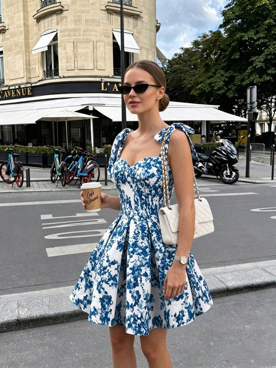 Đầm ngắn thắt eo họa tiết hoa xanh trắng lãng mạn mùa hè Elio Closet dành cho nữ, đầm midi dáng suông in họa tiết thực vật cổ điển cho tiệc trà chiều mùa xuân, đầm đi nghỉ mát thanh lịch - Nhiều màu - Xem 1