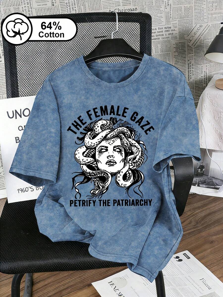 大尺碼女款休閒 THE FEMALE GAZE 字母印花人像蛇紋圖案復古水洗短袖T恤美式街頭風夏季上衣 - 藍色 - 查看 1