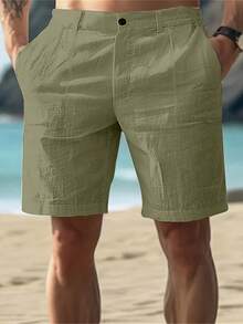 Pantalones cortos de playa de lino azul claro para hombre - Transpirables, de secado rápido, elegantes, casuales, de uso dual, diseño opaco de pierna recta, aptos para natación - Negro - Ver 4