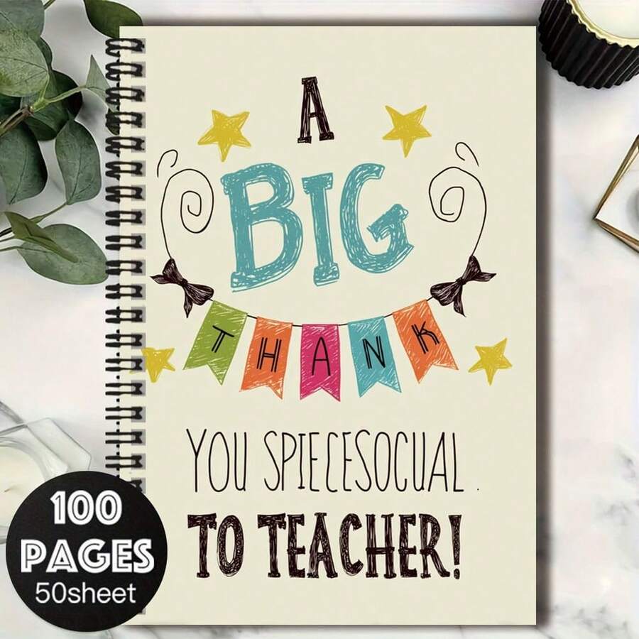 A Spiral Bound Notebook, Graduation Gift Choice, With "A BIG THANK YOU SPECIAL TO TEACHER!" Cover Design And Cute Decorations, 100 Pages/50 Sheets, Suitable For Work, Study, Diary Writing, Daily Planning, And Memo, Quality Choice To Express Gratitude - B - View 1